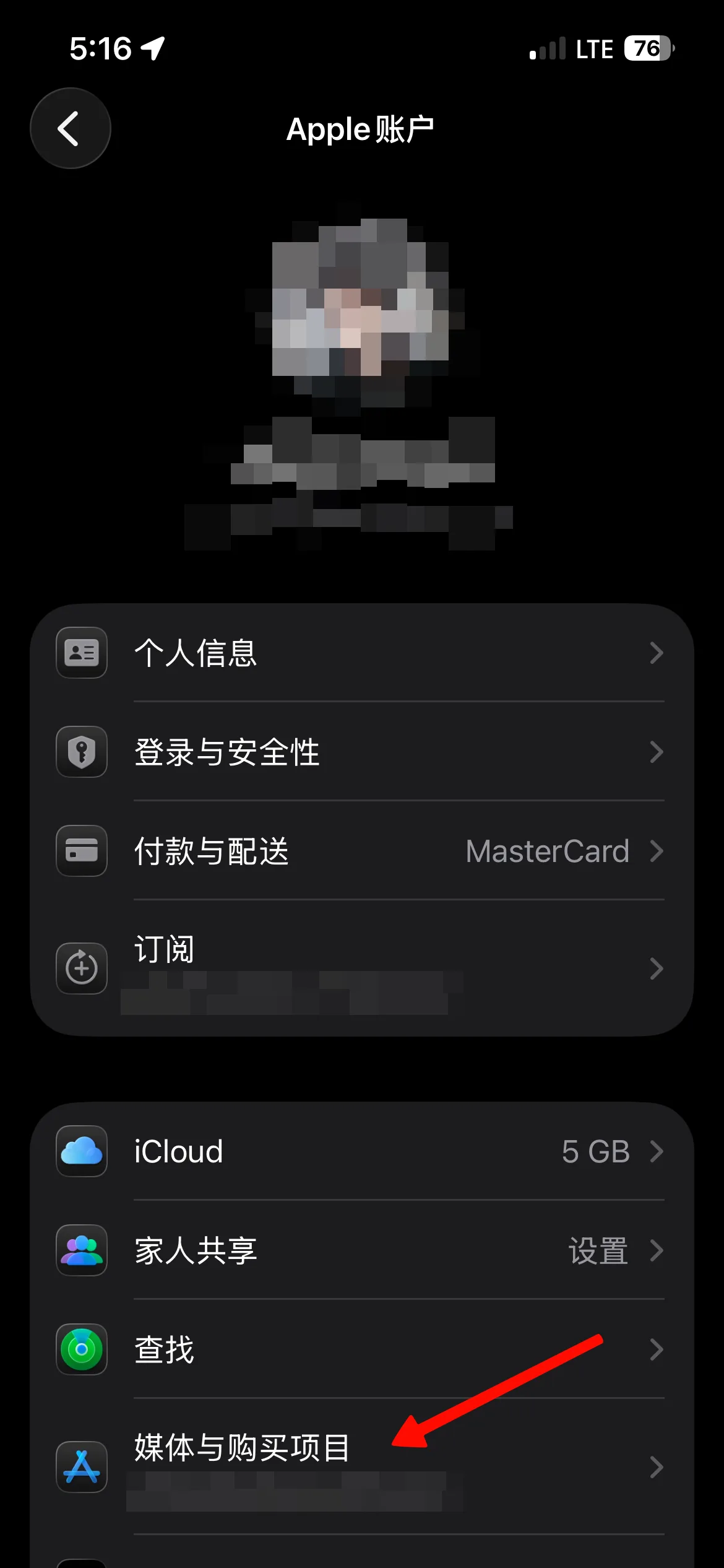 Apple Account screen with Media & Purchases highlighted